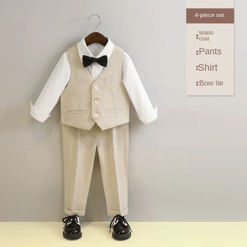 Summer School Uniform for Kids Handsome Boys Vest Suits Khaki Plaid Weddings Party Blazer Set 2-12 Y Chorus Performance Outfits