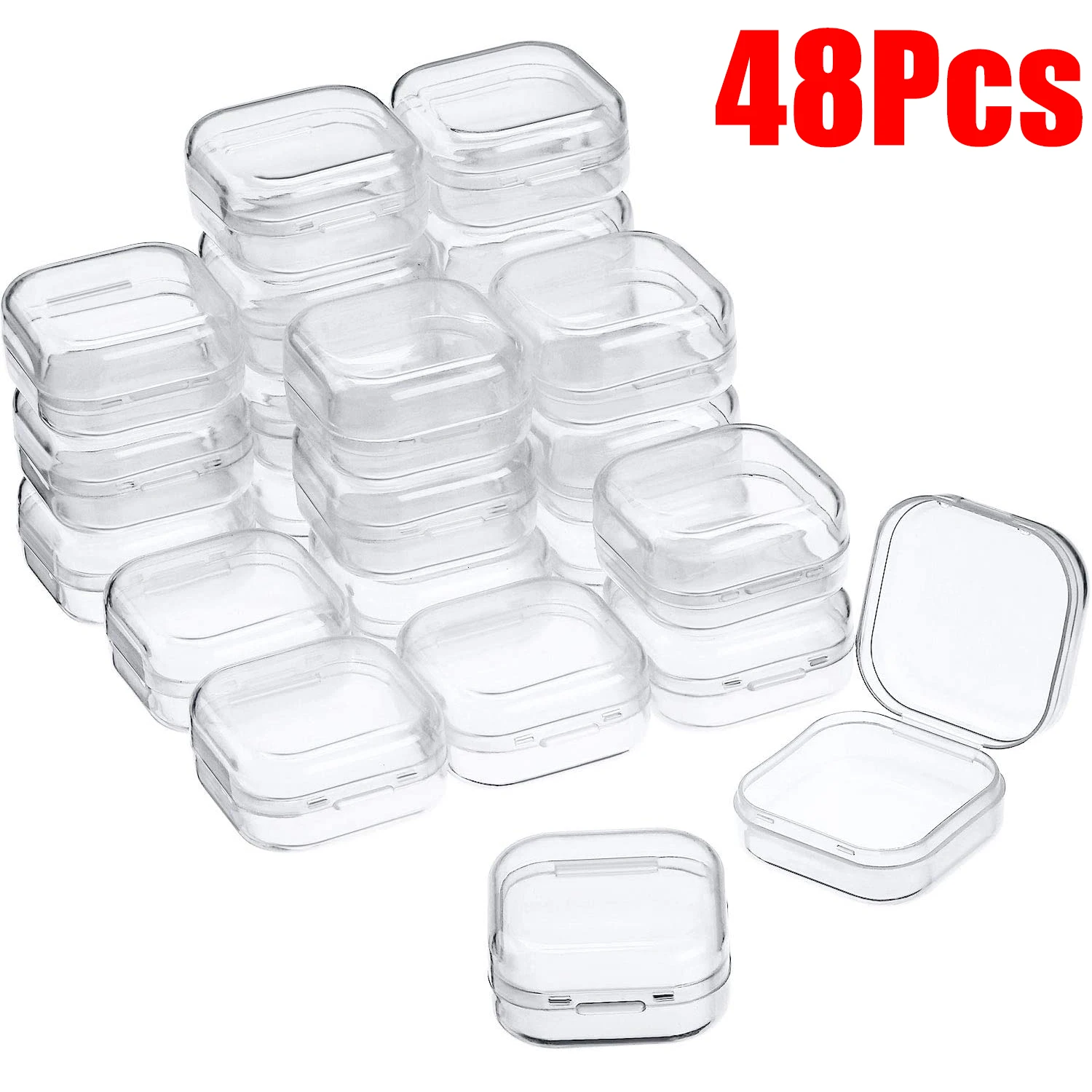 48Pcs 3.5*3.5*1.8cm Mini Clear Plastic Storage Box Container with Lids Empty Hinged Boxes for Beads DIY Craft Jewelry Making
