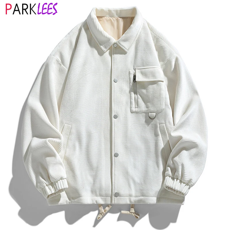 

Mens White Striped Varsity Bomber Jacket 2023 Autumen New Turn Down Collar Button Down Jackets Coats Hip Hop Harajuku Streetwear