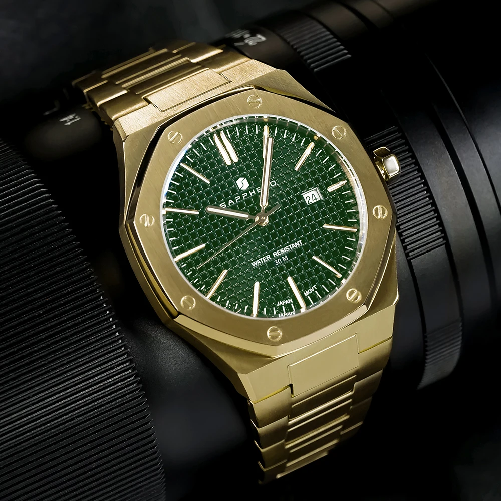 SAPPHERO Golden Mens Watch Octagon Luxury Wristwatch 30M Waterproof Stainless Steel Watch for Men Business Quartz Green Clock