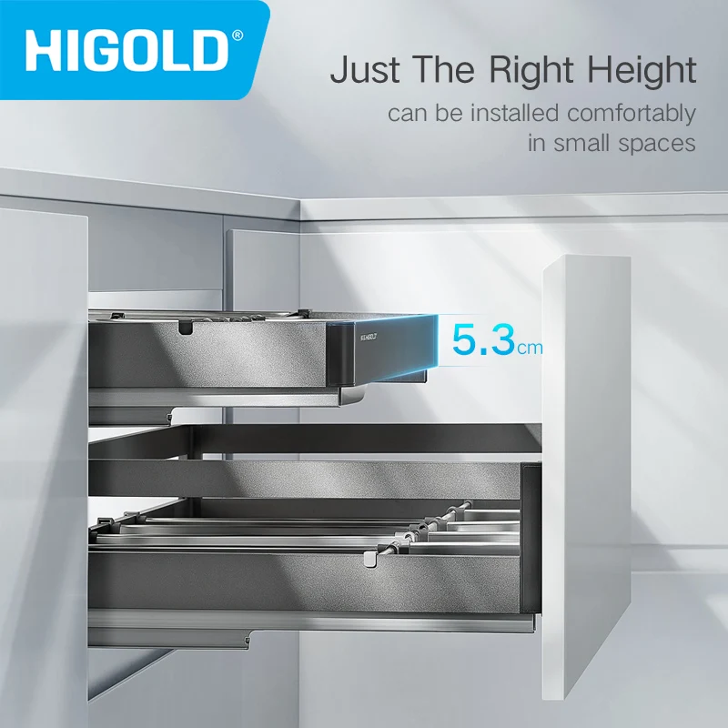 HIGOLD Small Pull Basket Kitchen Cabinet Tool Puller Single Drawer Space Aluminium Tool Basket Utility Room Damping Divider