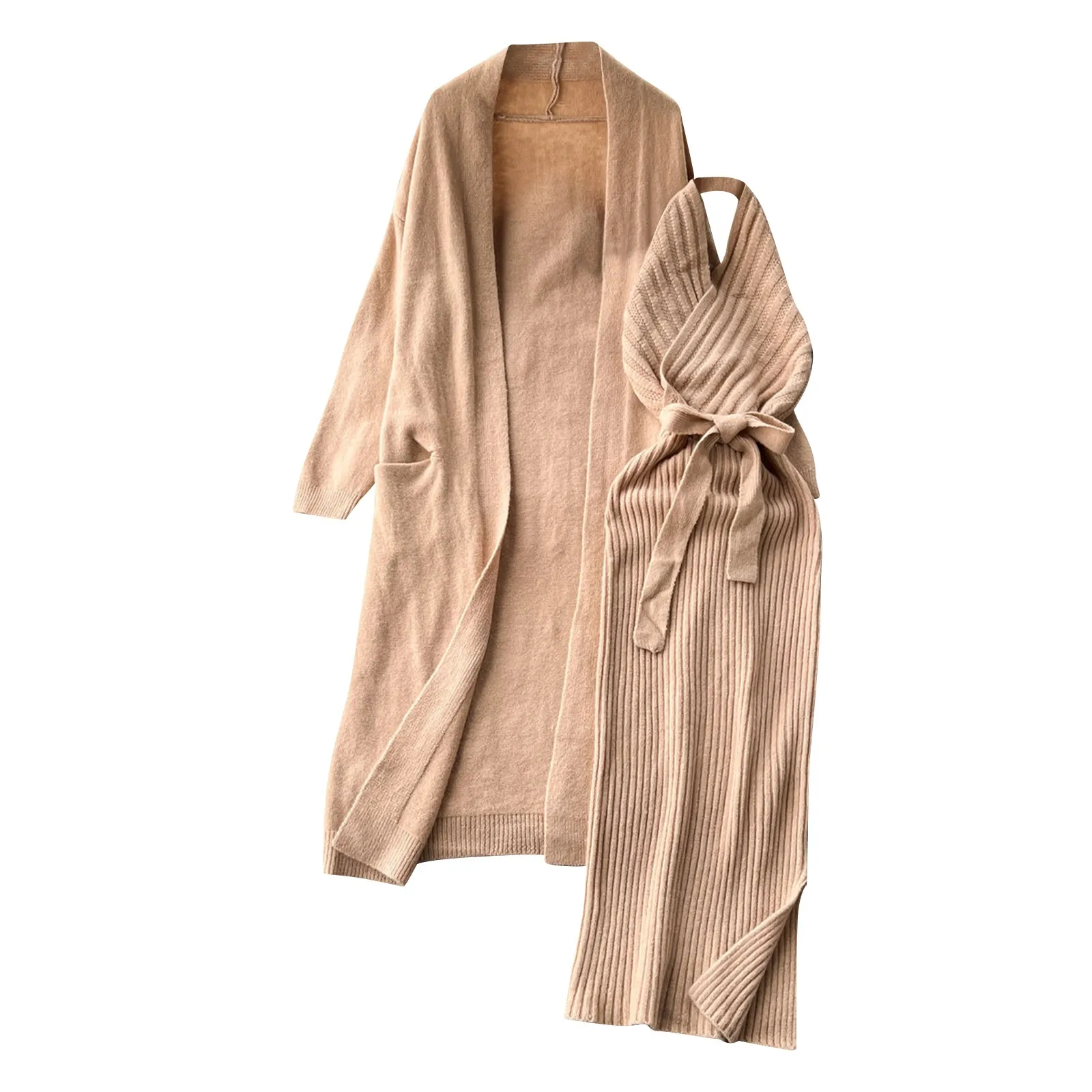 

Vestidos Two Piece Set Of Women's Loose Waistband Knitted Cardigan Slim Fit Hanging Neck Dress Ropa De Mujer فساتين طويلة