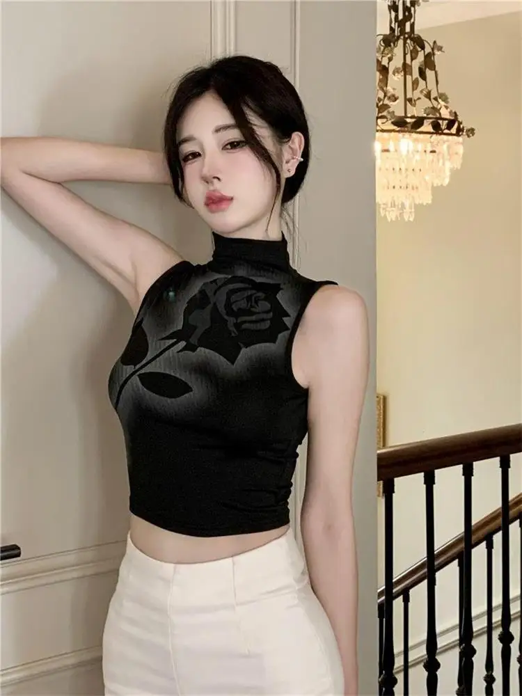 Gothic Rose Print Tank Top Aesthetic Y2K Crop Top Sleeveless Vest Harajuku Streetwear Black Summer Tops Women Slim Clothes