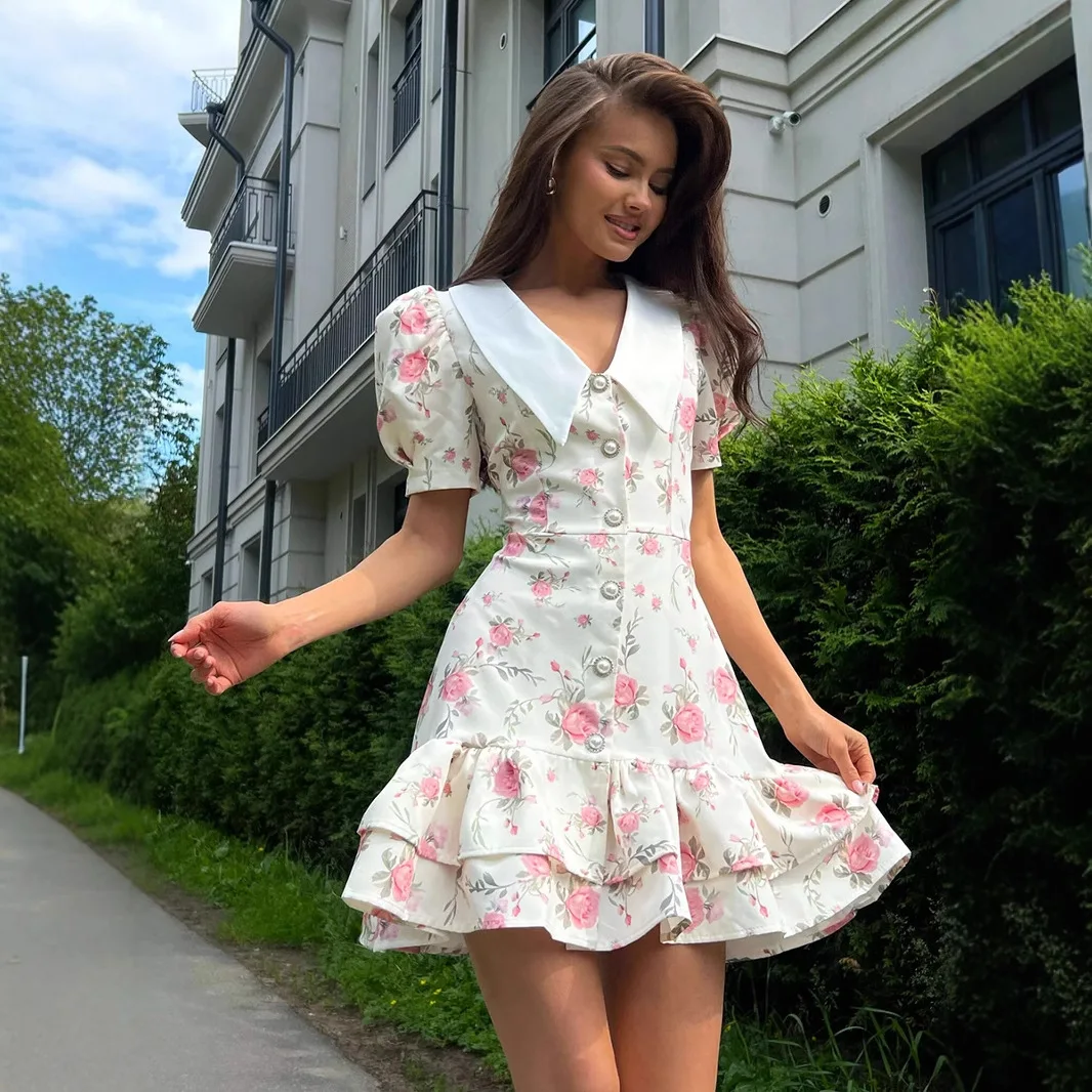 Original Light Luxury V-neck Bubble Sleeve Chiffon Dress pring and Summer Women's Sweet Slim Commuting Vacation Leisure Dress 1