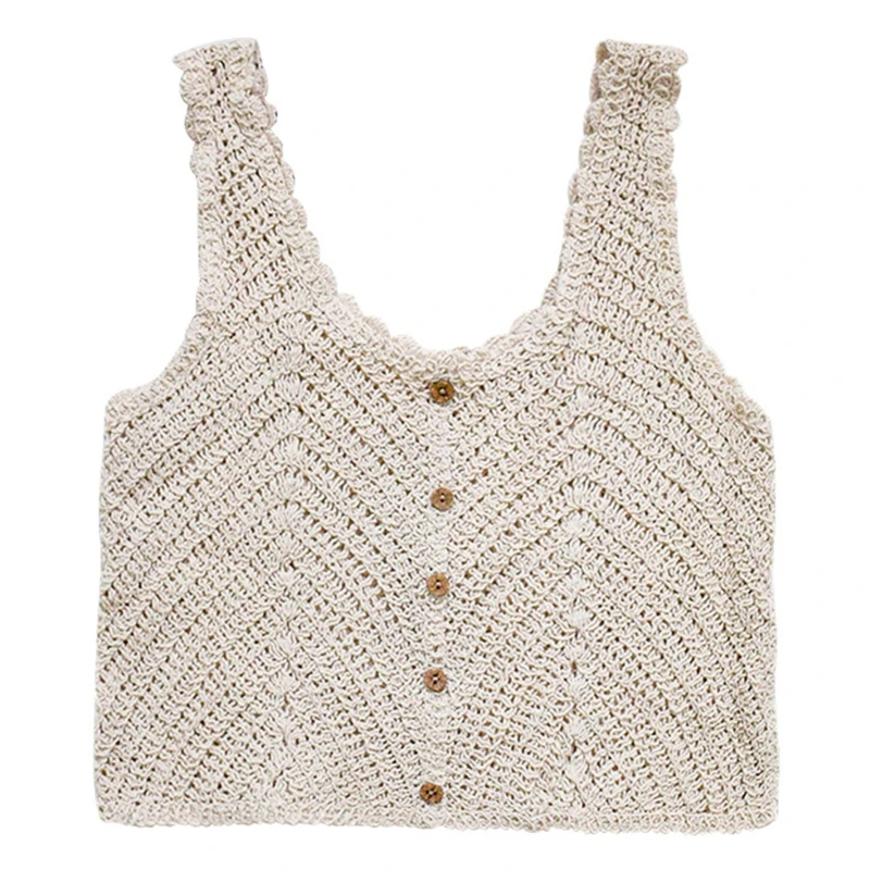 

Women Hollow Crochet Sleeveless Vest Waistcoat Scoop Neck Button Crop Cardigan Dropship