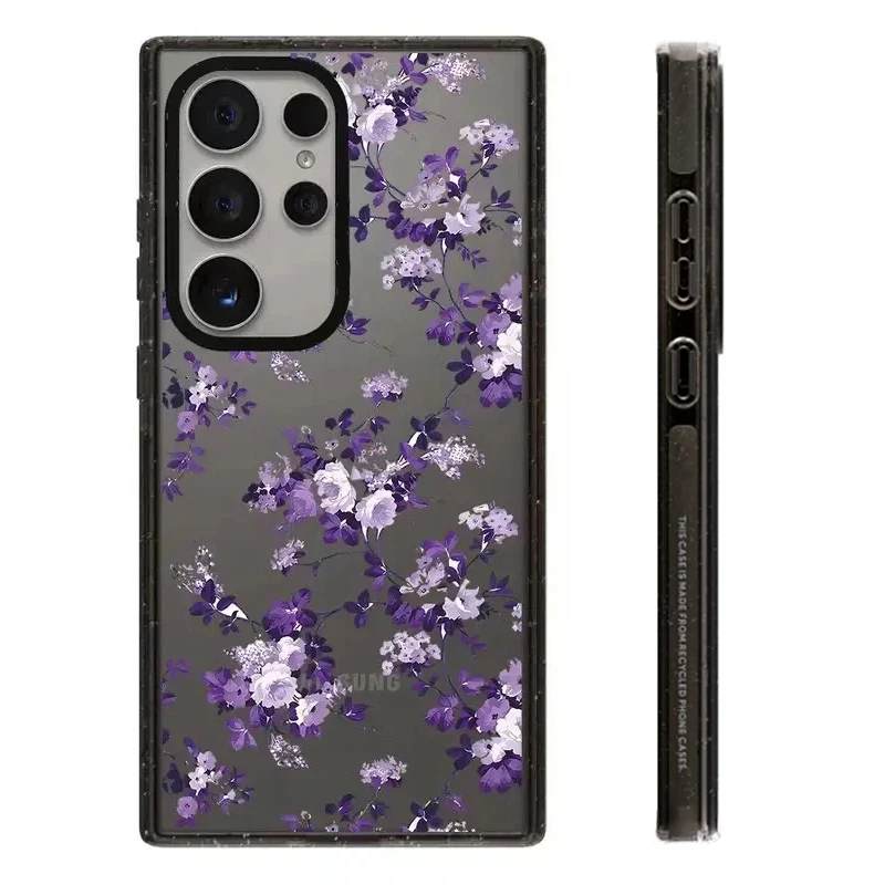 

Pink Purple Flower Black Border Acrylic Protective Case for Samsung Galaxy S24 S23 S22 Ultra S24+ S23+ S22 Plus Shell