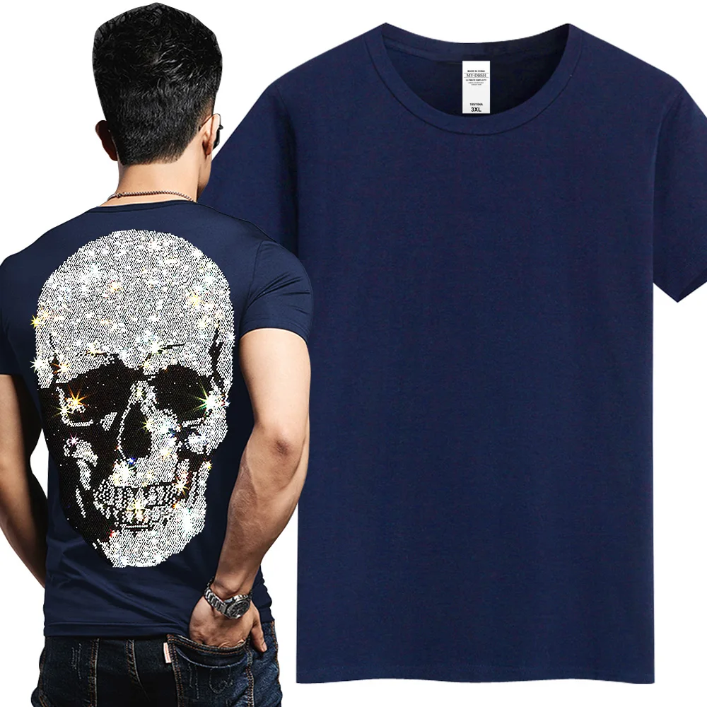 Hip Hop Rhinestone T Shirt Men Skull Print Streetwear