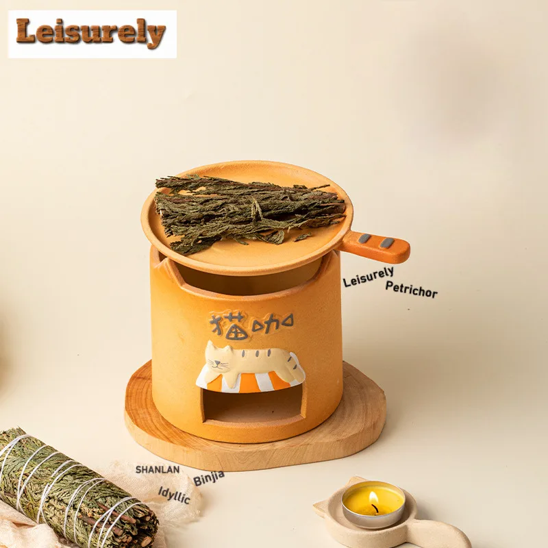 Hand Painted Cute Fortune Cat Tea Warmer Holder Alcohol Burner Stove Kettle Stand Boiling Water Carbon Furnace For Tea Supplies