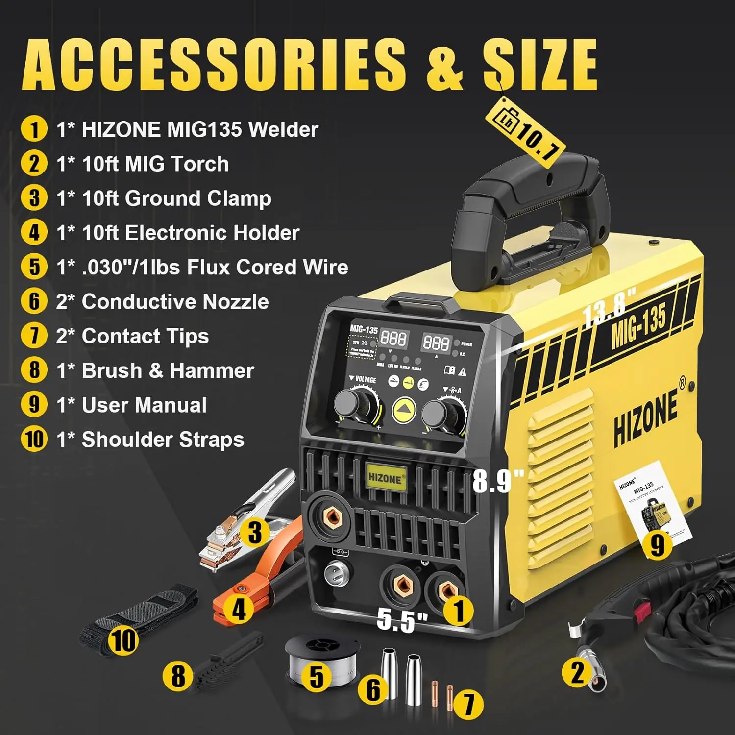 135A MIG Welder 110V Flux Core MIG Welder/Lift TIG/Stick 3 in 1 Welding Machine with Synergy Control Gasless Portable 6