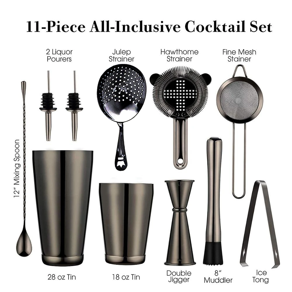 Set cocktail shaker bar: 2 shaker Boston ponderati, set colino da cocktail, jigger, trottomino e cucchiaio, pinza per ghiaccio e versatore da 2 bottiglie - immagine 2
