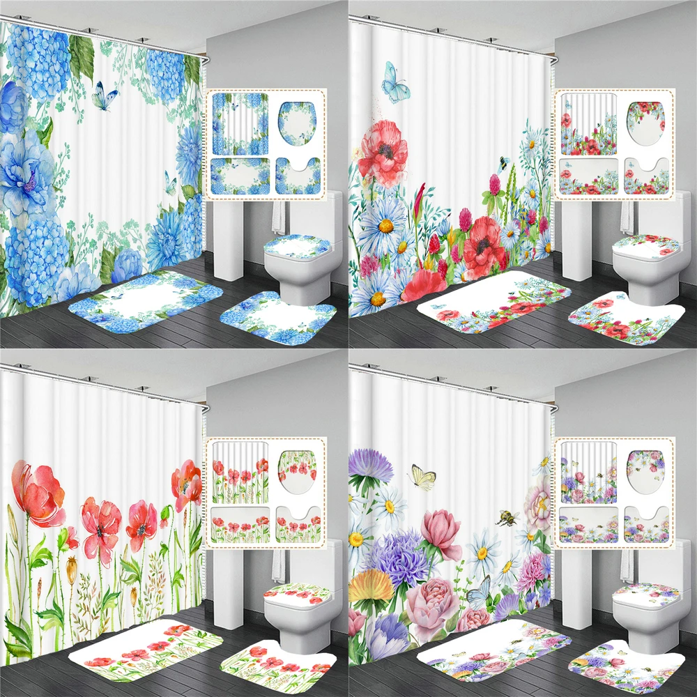 

Simple style Flowers and Plants 3d Shower Curtain Bathroom Curtains Pedestal Carpet Toilet Cover Lid Non-slip Rug Bath Mat Set