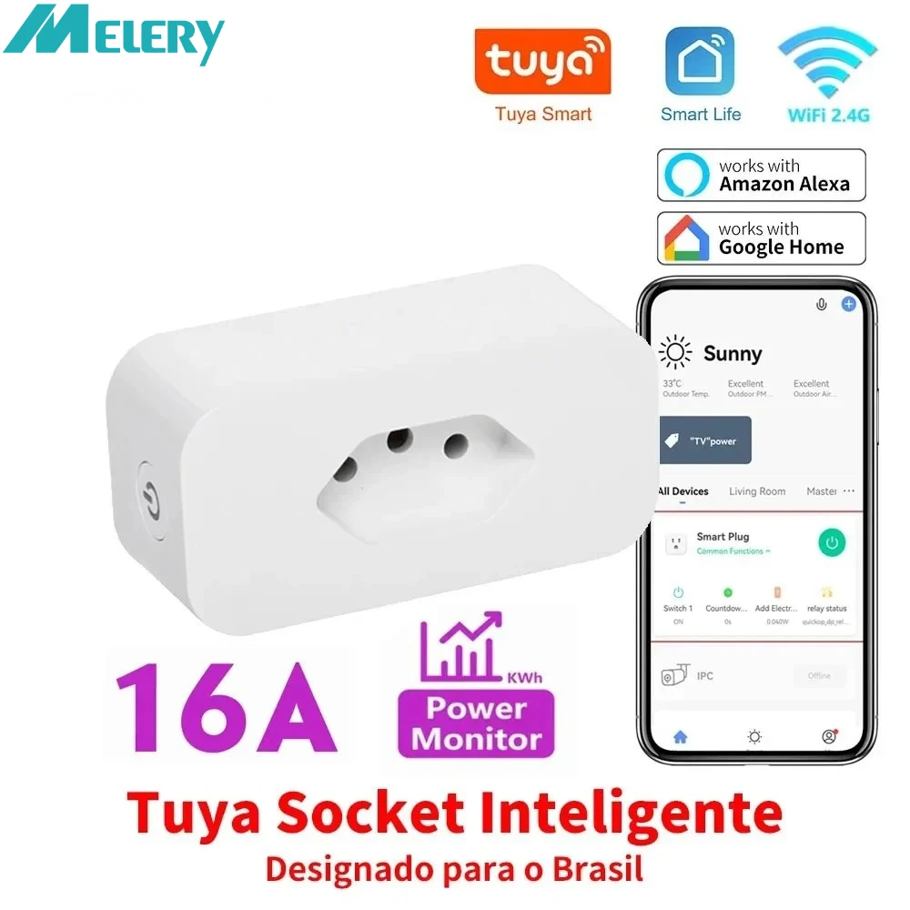 ปลั๊กไฟอัจฉริยะ Melery Tuya Tuya 16A แบบปลั๊กบราซิล รองรับ WiFi ควบคุมผ่านแอป Smart Life พร้อมฟังก์ชั่นตรวจสอบพลังงาน ควบคุมด้วยเสียงผ่าน Google Home และ Alexa 1