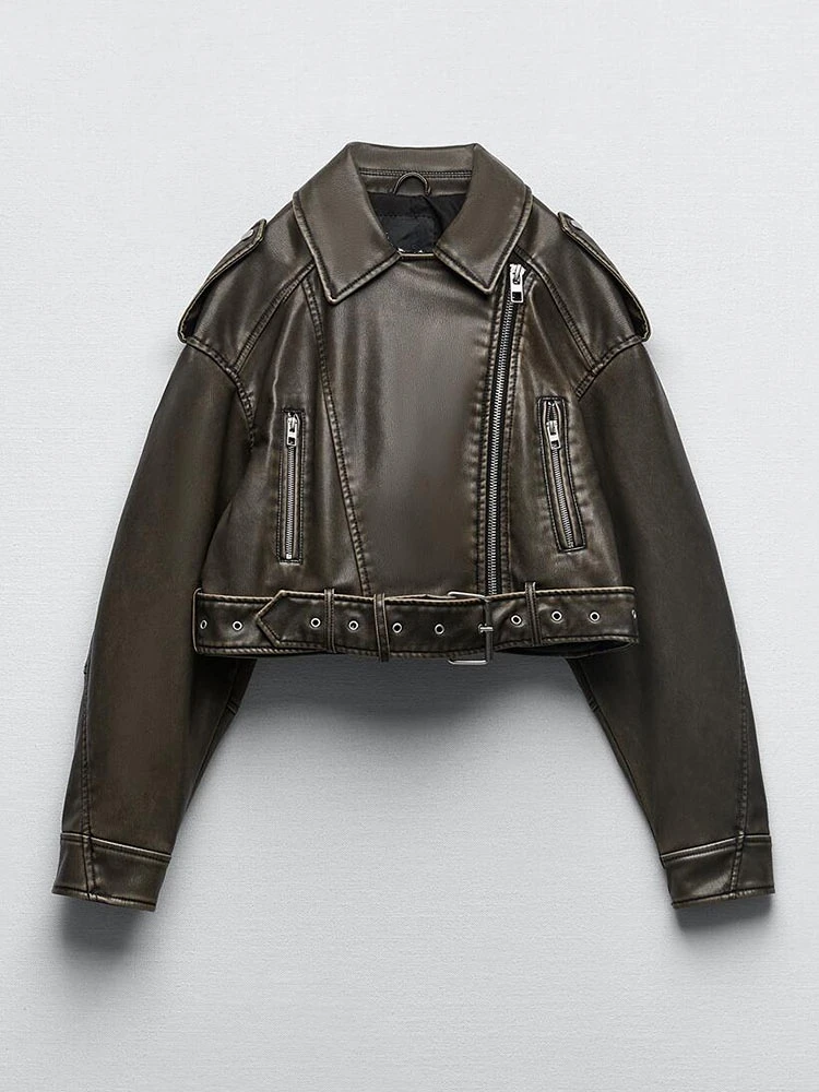 

FTLZZ New Spring Autumn Women Streetwear Moto Biker Short Pu Jacket Fashion Vintage Lapel Zipper Faux Leather Coat with Belt