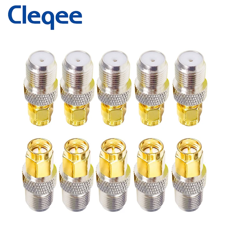 cleqee-10pcs-sma-male-to-f-female-rf-coaxial-adapter-f-type-jack-to-sma-plug-convertor-rf-coax-straight-connector-gold-plated