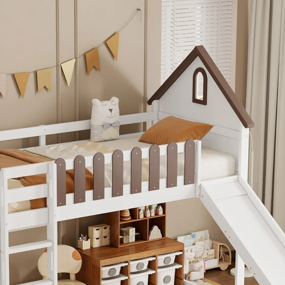 90x200cm Hochbett, mit Dach und Fenster, mit dreistufiger gerader Leiter, Jugendbett, Kinderbett mit Rutsche, Weiß+Walnuss – Detail 23