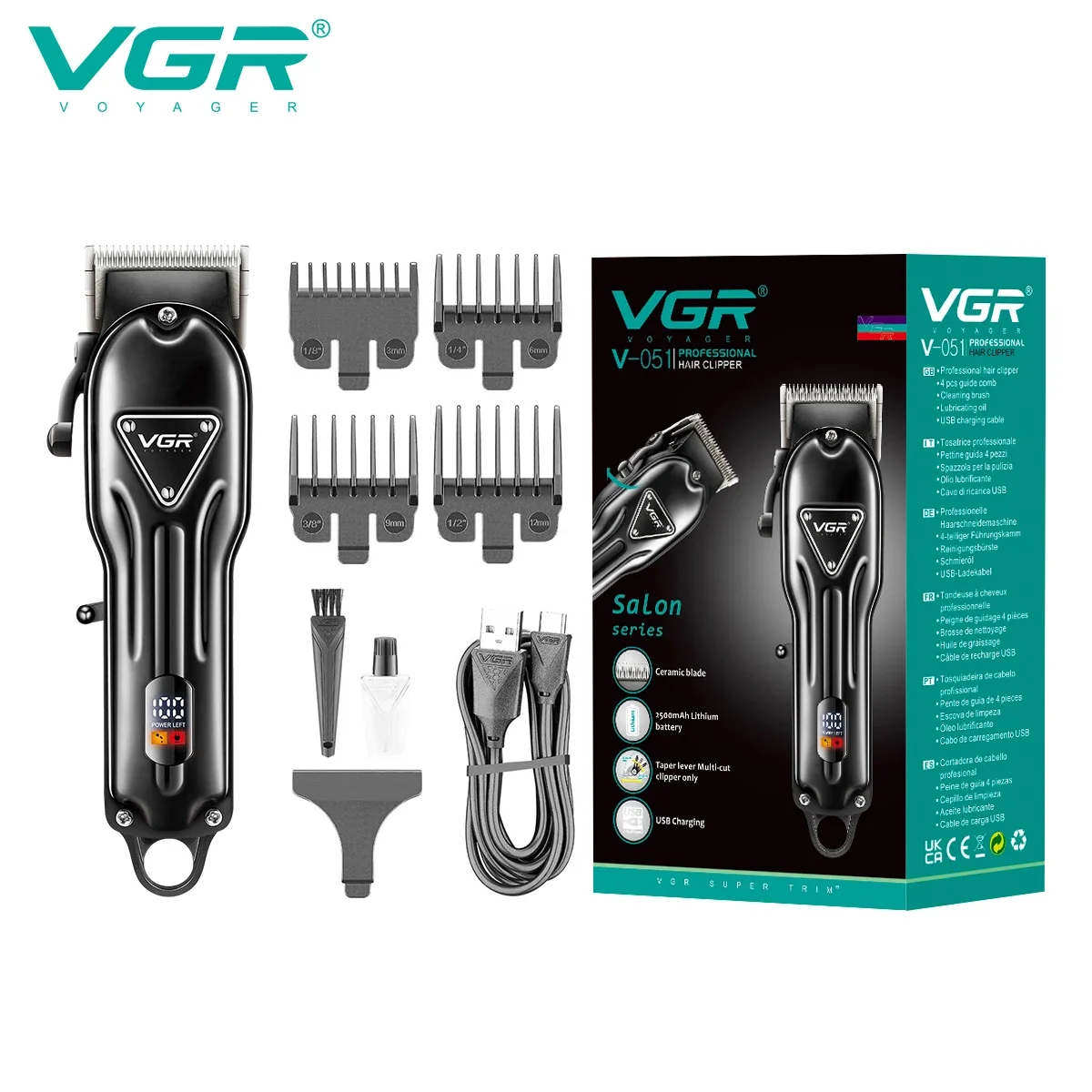 VGR 남성용 헤어 트리머 헤어 클리퍼, 이발사 헤어 커팅 머신, 2500 mAh 배터리, LED 디스플레이 푸시 로드, 스테인레스 스틸 블레이드