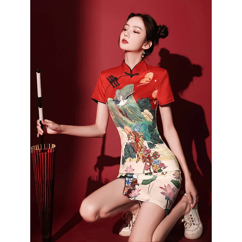 Chinese Trendy Cheongsam Skirt New Popular Short Style Improved Red Young Girl Bridesmaid Evening Qipao Dress for Women