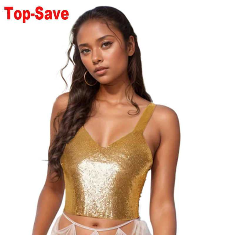 2023 sommer Frauen Crop Top Metall Pailletten Sexy Shiny Strand Halter Tank Top Würzige Mädchen Nachtclub T-Shirt Hip-Hop leibchen Halloween
