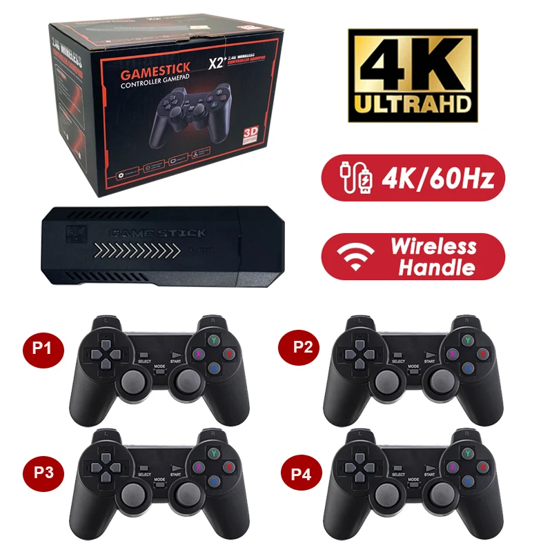 듀얼 핸들 휴대용 비디오 게임 콘솔, 4K 3D X2 Plus 게임 스틱, HD 출력 TV 게임 스틱, 2.4G, PS1 N64 용, GD10 Plus 