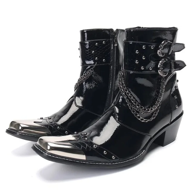 

Metal Toe Buckle Strap Chain Ankle Boots Black Patent Leather Studded Block Heels British Style Mens Shoes Outside