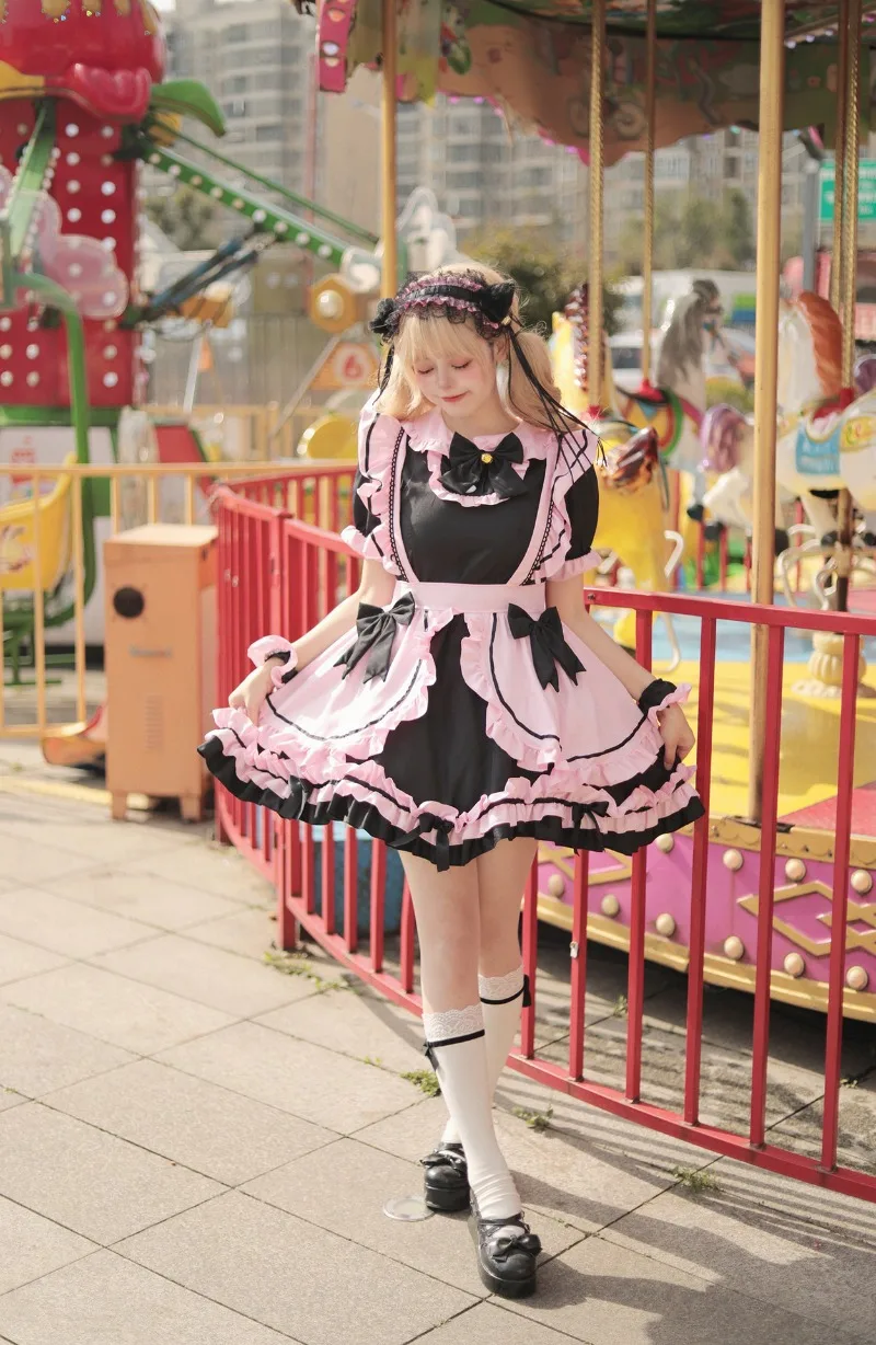 Anime Gothic Lolita JSK Kleid Kurzarm Kawaii Bow Maid Cosplay Harajuku Cute Pink Black 15