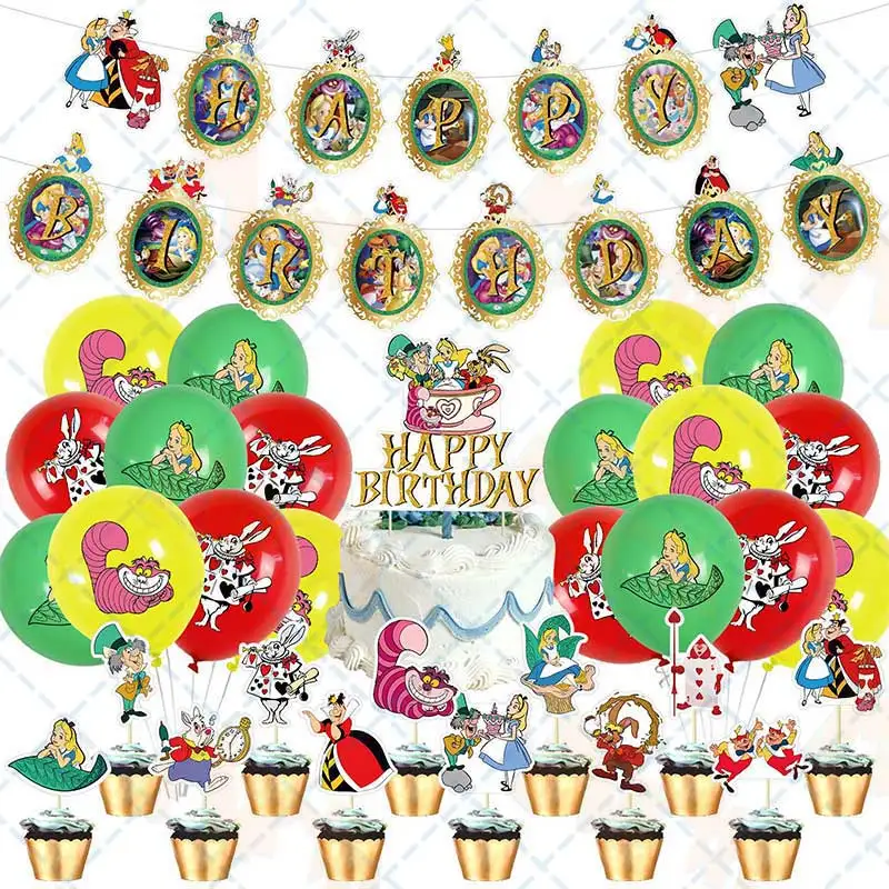 Alice in Wonderland Birthday Party Decorations,Alice in Wonderland Themed Party Pack Supplies with Happy Birthday Banner,Cake Topper,Cupcake Toppers