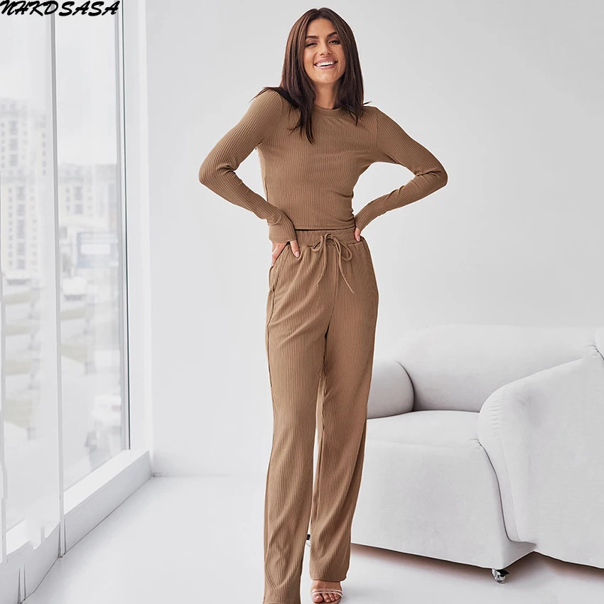 

Pajama Sets Knitted Ribbed Women's Nightwear 2 Piece Sets Long Sleeve Sleepwear Female Casual Trouser Suits Solid Autumn 2022