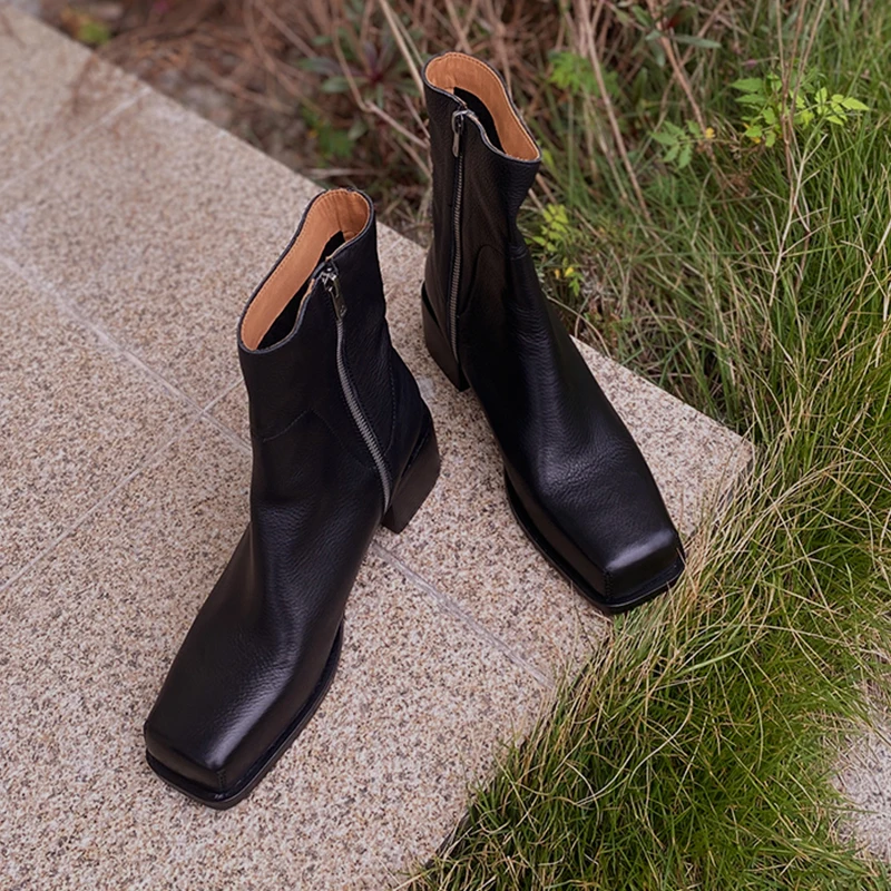 

Heihaian Leather Ankle Boots 2023 Autumn/Winter New Retro Style Commuter Ankle Boots Square Head Thick Heel Zipper Boots Women