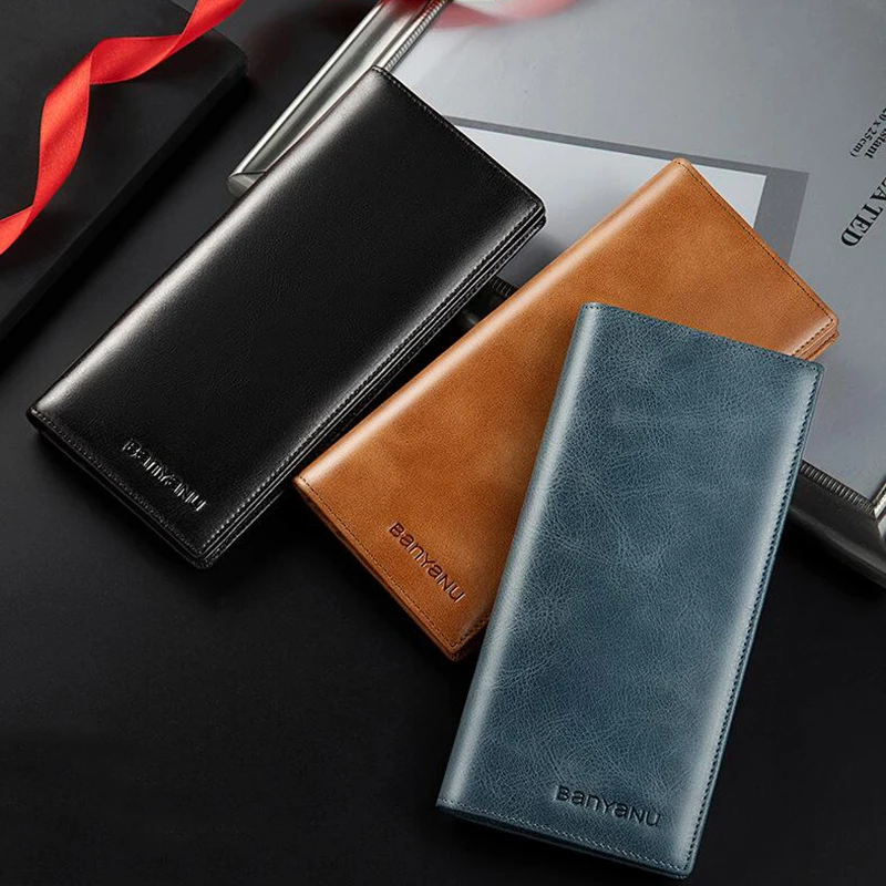 Ultra Thin Genuine Leather Wallet Business Men Cow Leather Anti RFID Purse Credit Card Holder Long Wallet for Men