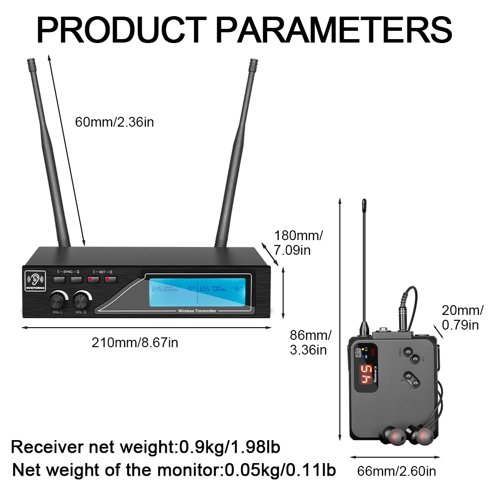 Wireless Monitoring Professional Monitor System UHF In Ear Two Bodypacks Multiple Frequency Groups for Stage Live Performance