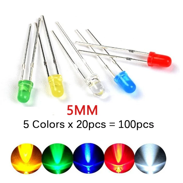 100pcs/200pcs 3mm 5mm LED Diode Assorted Kit White Green Red Blue Yellow Orange F3 F5 Leds Light Emitting Diodes electronic kit 5mm-kit-100pcs