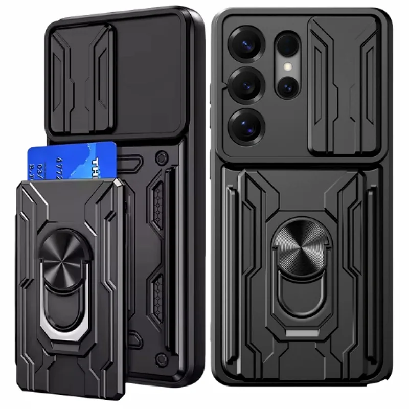 Heavy Duty Armor Shockproof Phone Case with Slide Lens Protector and Card Slot Holder