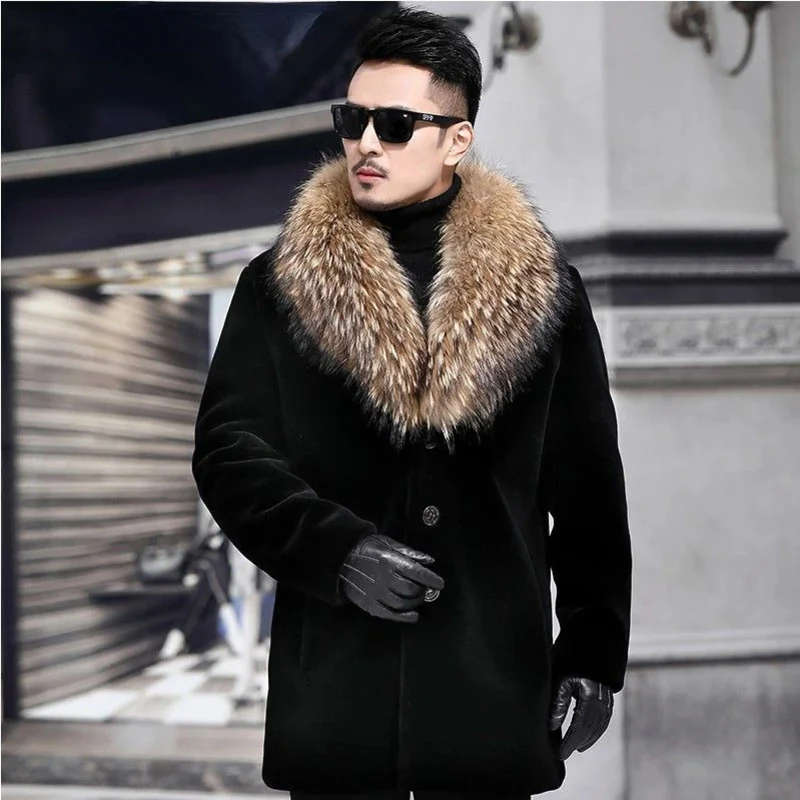 

Men Winter faux fur collar coat oversize casual long thick warm overcoat fake fur button up top boys outerwear windbreaker XXXL