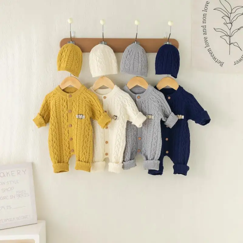 Autumn Winter Clothes Newborn Knitted Cardigan Solid Romper Girl Baby Ribbed Knit Jumpsuit Boy Infant Thick Fashion One-pieceb 1