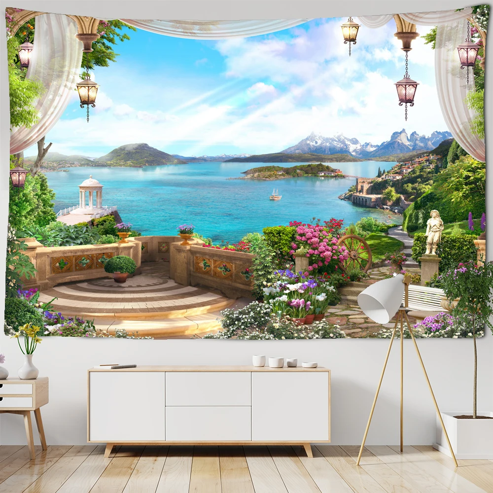 

Rural Town Garden Scenery Tapestry Wall Hanging Landscape Tapestry Sea Beach Wall Cloth Beach Mat Flower Blanket Home Decoration