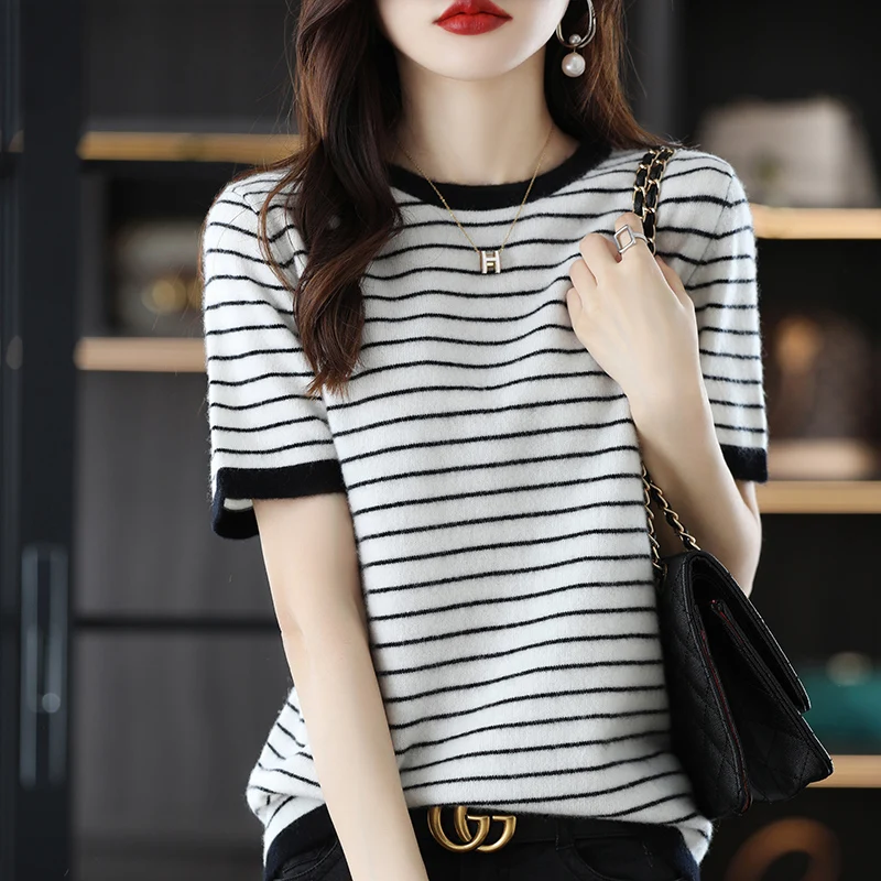

2023 New 100% Pure Wool Short Sleeve T-Shirt Women's Loose Stripe Color Matching Sweater Joker Half Sleeve Short Jacket