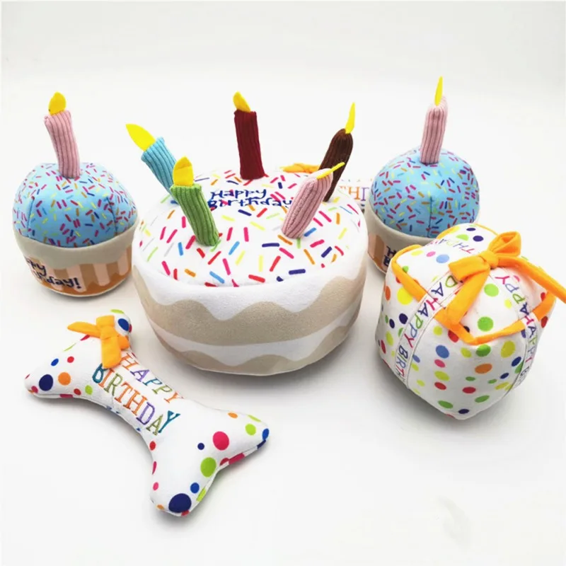 

Stuffed Pet Birthday Cake Candle Toys Anti-Bite Squeaky Dog Doll Durable Artificial Cartoon Toy Bones Puppy Birthday Gift