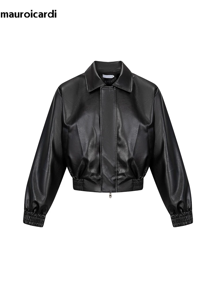 Mauroicardi Spring Autumn Cool Oversized Short Black Soft Pu Leather Jacket Men Zipper Luxury Designer American Vintage Clothes 3