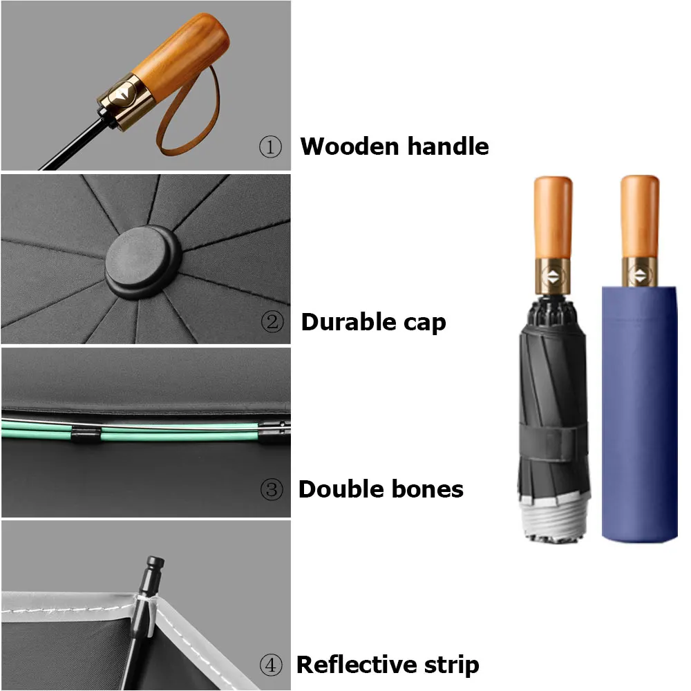 Luxury Travel UV Umbrella Wooden 10k Double Bones Reverse Reflective Strip Large Windproof Bussiness Compact For Men Women sun umbrella