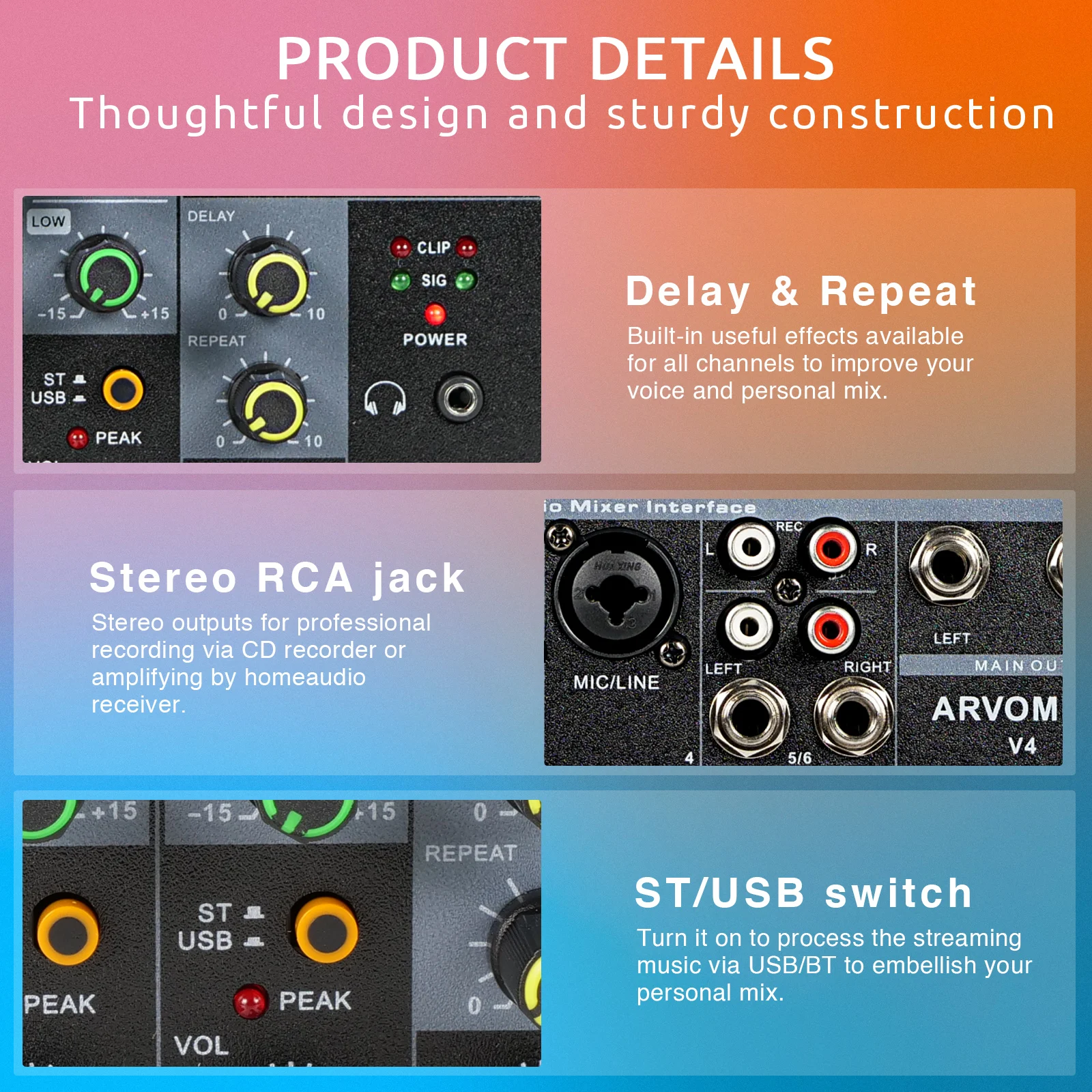 Audio Mixer 6 Channel Audio Mixer V4 USB Bluetooth Function Delay Effect 2-Band EQ Home Recording Karaoke