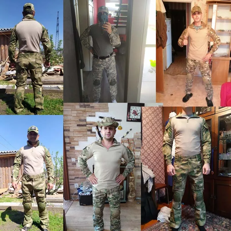 Tactical Suits Camo Uniform Clothes Outdoor Men Clothes Wear resistant Airsoft Hunting Suit Combat Shirt + Cargo Pants+4 Pads 6
