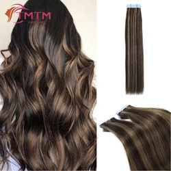 Tape in Hair Extensions Human Hair Balayage Dark Brown to Chestnut Brown 2.0g/pc Real Natural Virgin Hair Straight Skin Weft