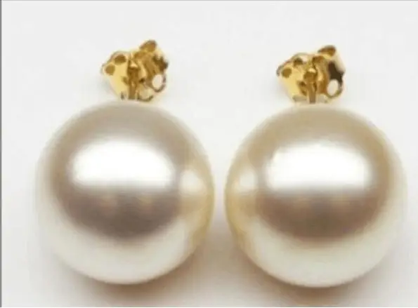Pair of huge 12-11mm natural south sea genuine white pearl earring 14K AAA