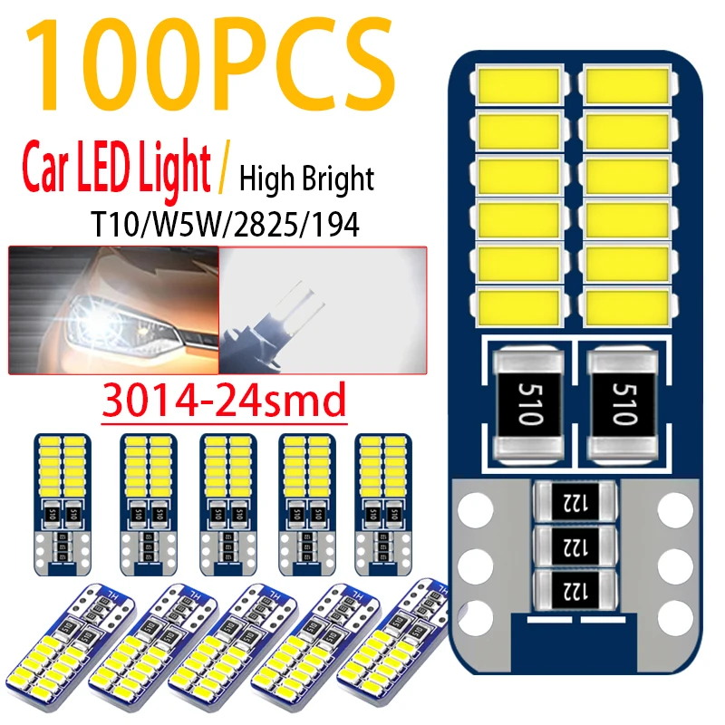 

100PCS T10 w5w 501 Car Led Interior Dome Light 194 168 2825 Parking Signal Clearance Lamps Trunk Map Auto Reading Bulb Wholesale