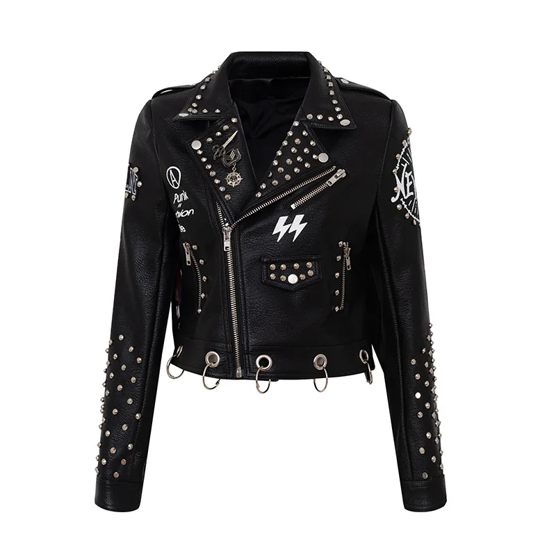 

Women's Motorcycle Leather Jacket PU Material Women's Short Jacket Rivet Decoration Motorcycle Jacket Tassels Woman's Biker Coat