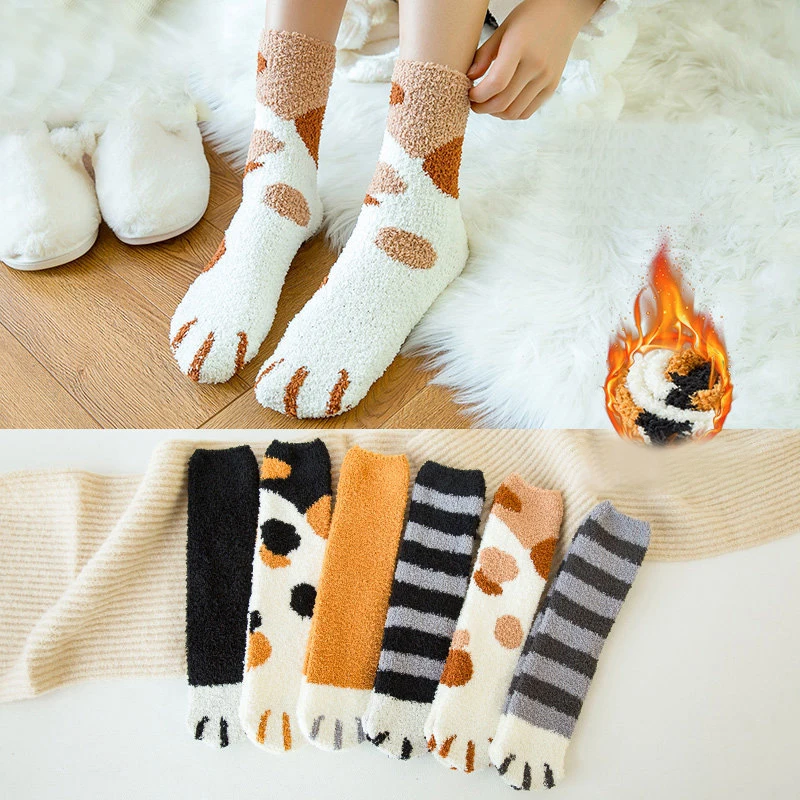 

Kawaii Cartoon White Socks for Women Cute 3d Dog Cat Paw Pattern Female Fleece Warm Funny Socks Home Floor Sleeping