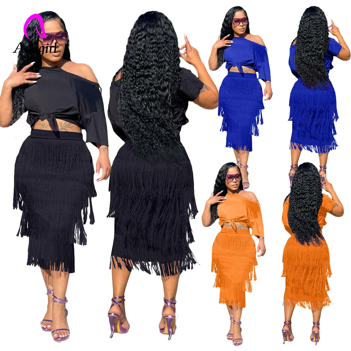 

Fitness Women 2 Piece Set Off Shoulder Solid Short Sleeve Crop Top Tassel Slim Skirts Matching Set 2022 Sexy Night Club Vestidos