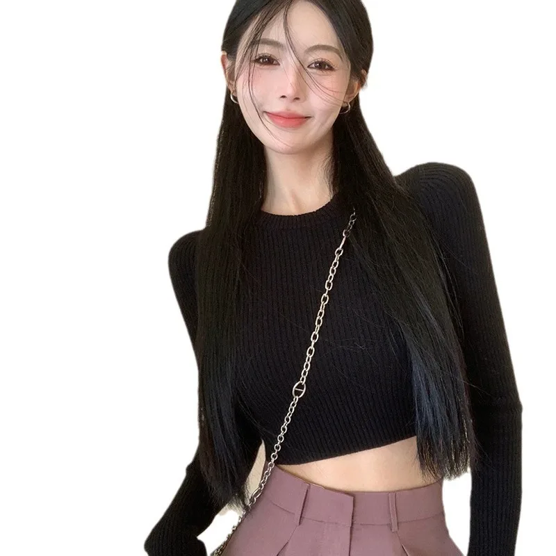 Women Knitted Cropped Sweater Autumn Long Sleeve Pullover