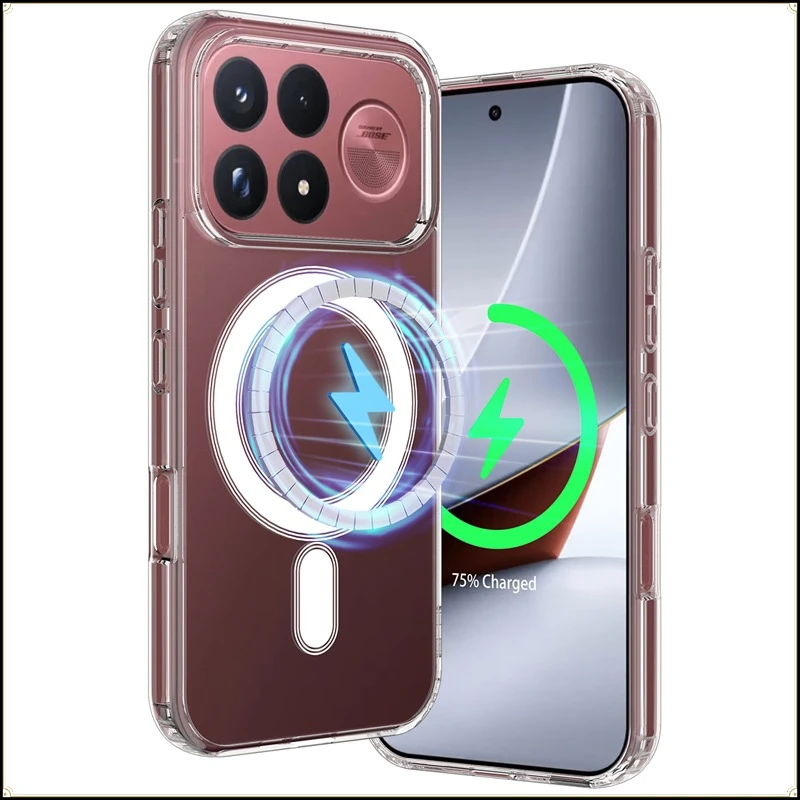 Magnetic Shockproof Clear Back Cover - Soft TPU + Hard PC, Transparent Phone Case