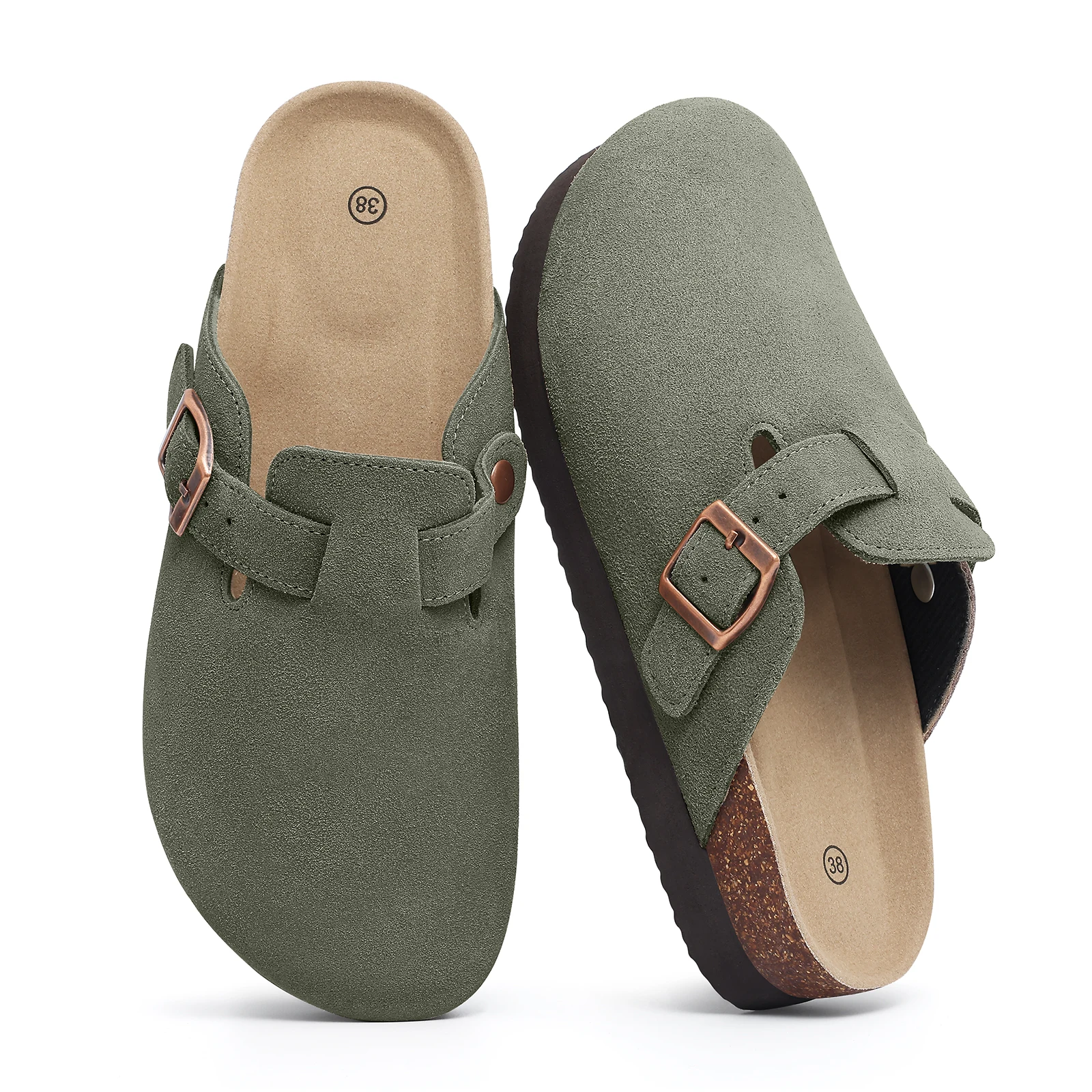 Women's Leather Mules Suede Clogs With Adjustable Strap Cork Sole_voghion.com